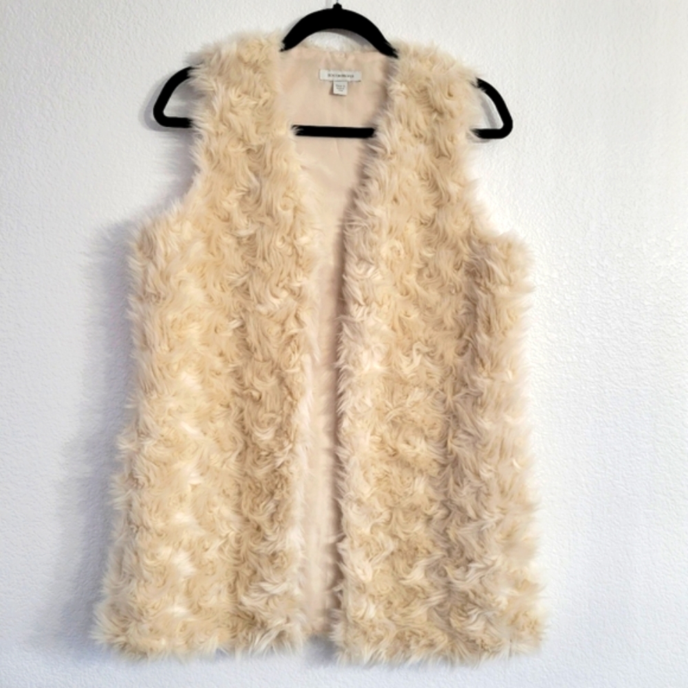Cream Boston Proper Faux Fur Vest Tunic Length Hook & Eye Closure size Small